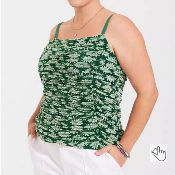 torrid Tops - Torrid Green And White Floral Stretch Mesh Cropped Shirred Cami Top Size 3X